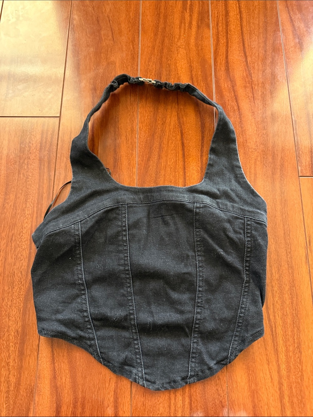Black jean halter metal buckle crop top